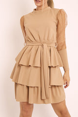 Beige Tiered Skirt Belted Dress - Cassia-Dresses