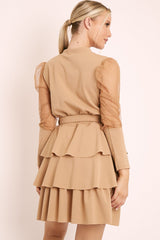 Beige Tiered Skirt Belted Dress - Cassia-Dresses