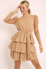 Beige Tiered Skirt Belted Dress - Cassia-Dresses