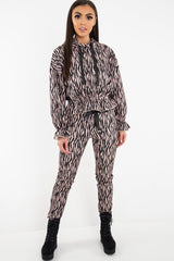Beige Tiger Print Crepe Shirred Waist Tracksuit - Lanae-Loungewear