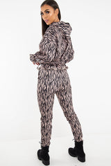 Beige Tiger Print Crepe Shirred Waist Tracksuit - Lanae-Loungewear