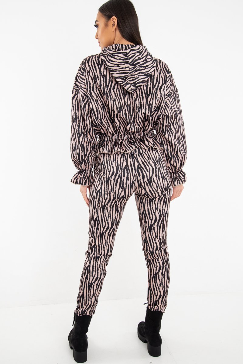 Beige Tiger Print Crepe Shirred Waist Tracksuit - Lanae-Loungewear