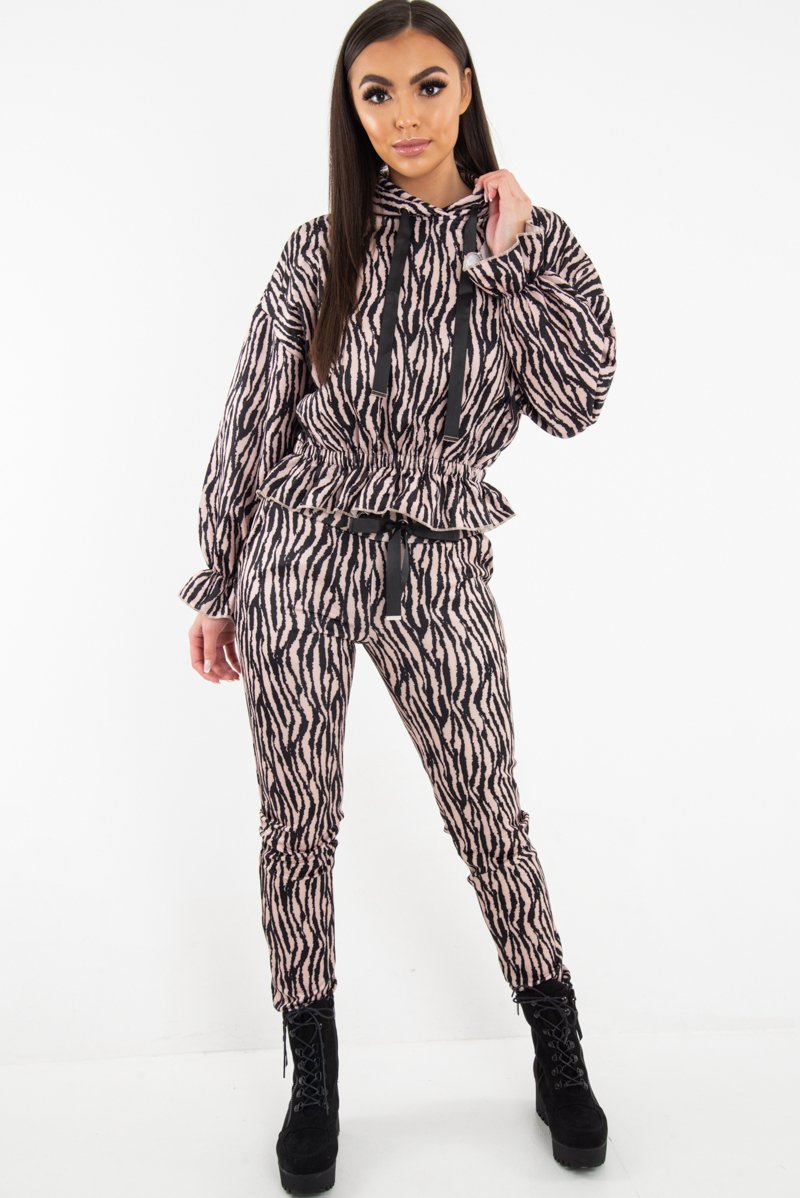 Beige Tiger Print Crepe Shirred Waist Tracksuit - Lanae-Loungewear