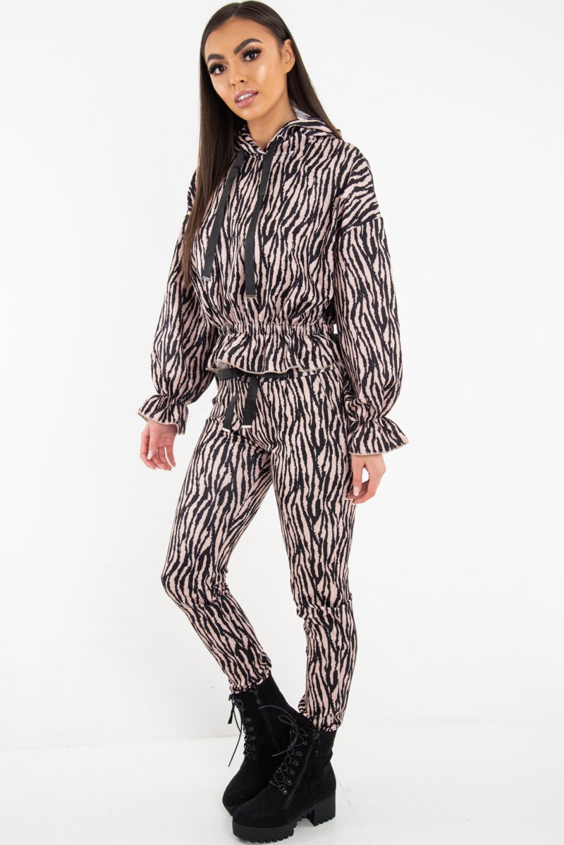 Beige Tiger Print Crepe Shirred Waist Tracksuit - Lanae-Loungewear