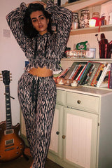 Beige Tiger Print Crepe Shirred Waist Tracksuit - Lanae-Loungewear