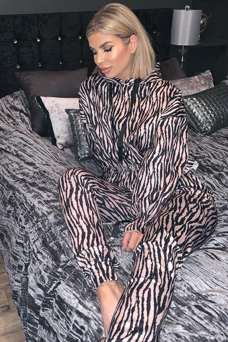 Beige Tiger Print Crepe Shirred Waist Tracksuit - Lanae-Loungewear