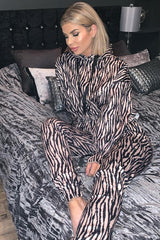 Beige Tiger Print Crepe Shirred Waist Tracksuit - Lanae-Loungewear