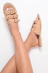 Beige Tripe Buckle Western Sliders - Raeven-Sliders