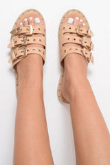 Beige Tripe Buckle Western Sliders - Raeven-Sliders