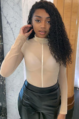 Beige Turtle Neck All Over Mesh Bodysuit - Makeila-Bodysuits