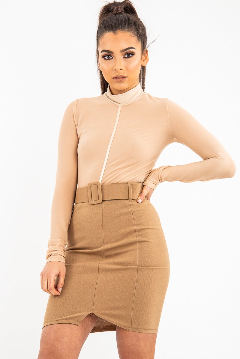 Beige Turtle Neck All Over Mesh Bodysuit - Makeila-Bodysuits