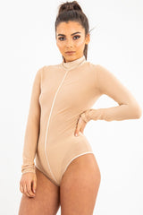 Beige Turtle Neck All Over Mesh Bodysuit - Makeila-Bodysuits