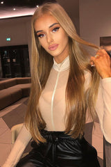 Beige Turtle Neck All Over Mesh Bodysuit - Makeila-Bodysuits