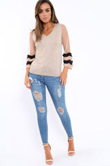 Beige V Neck Jumper with Mesh Ruffled Sleeves - Amirah-Jumper
