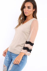 Beige V Neck Jumper with Mesh Ruffled Sleeves - Amirah-Jumper