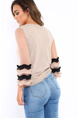 Beige V Neck Jumper with Mesh Ruffled Sleeves - Amirah-Jumper