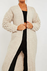 Beige Waffle Sleeve Maxi Cardigan - Davaya-Cardigans