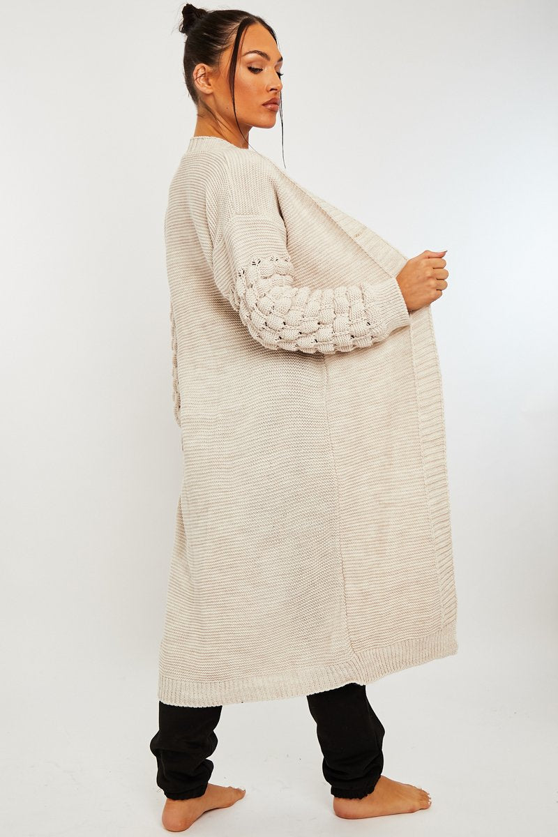 Beige Waffle Sleeve Maxi Cardigan - Davaya-Cardigans