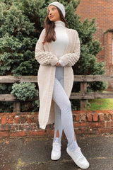 Beige Waffle Sleeve Maxi Cardigan - Davaya-Cardigans