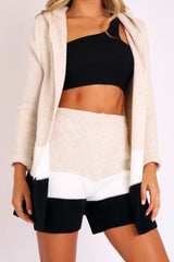 Beige White Black Knitted Shorts and Hooded Cardigan Co-ord - Kyrie-Cardigans