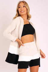 Beige White Black Knitted Shorts and Hooded Cardigan Co-ord - Kyrie-Cardigans