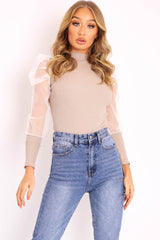 Beige White Net Puff Sleeve Ribbed Top - Aarvi-Tops
