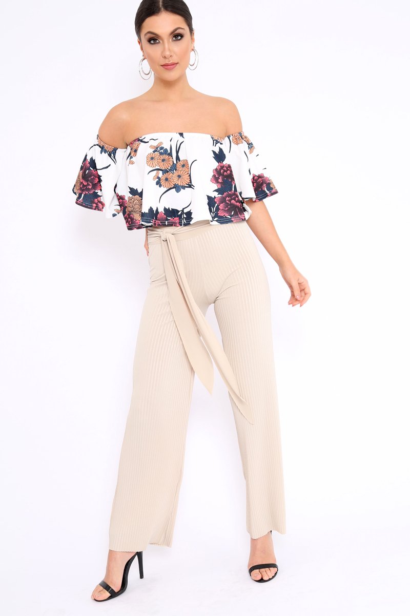 Beige Wide Legged Pleated Trousers - Chantel-Trousers