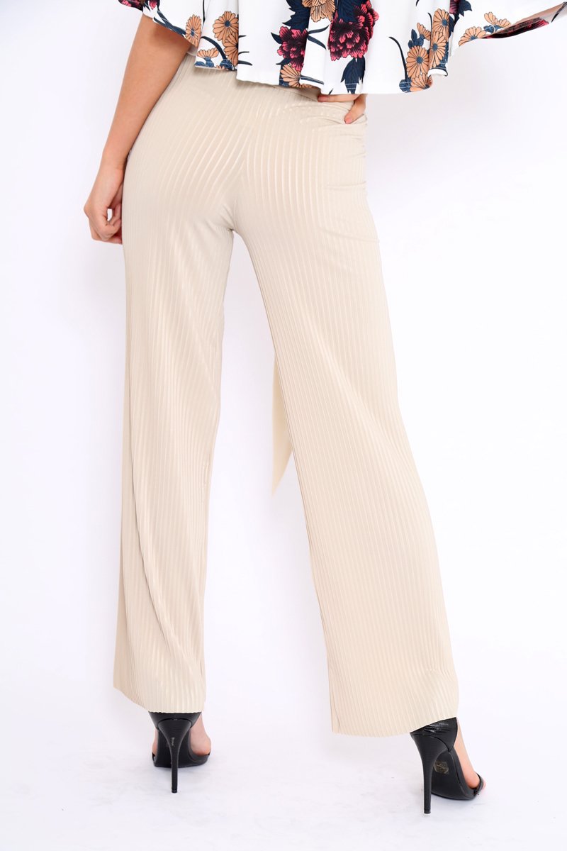 Beige Wide Legged Pleated Trousers - Chantel-Trousers