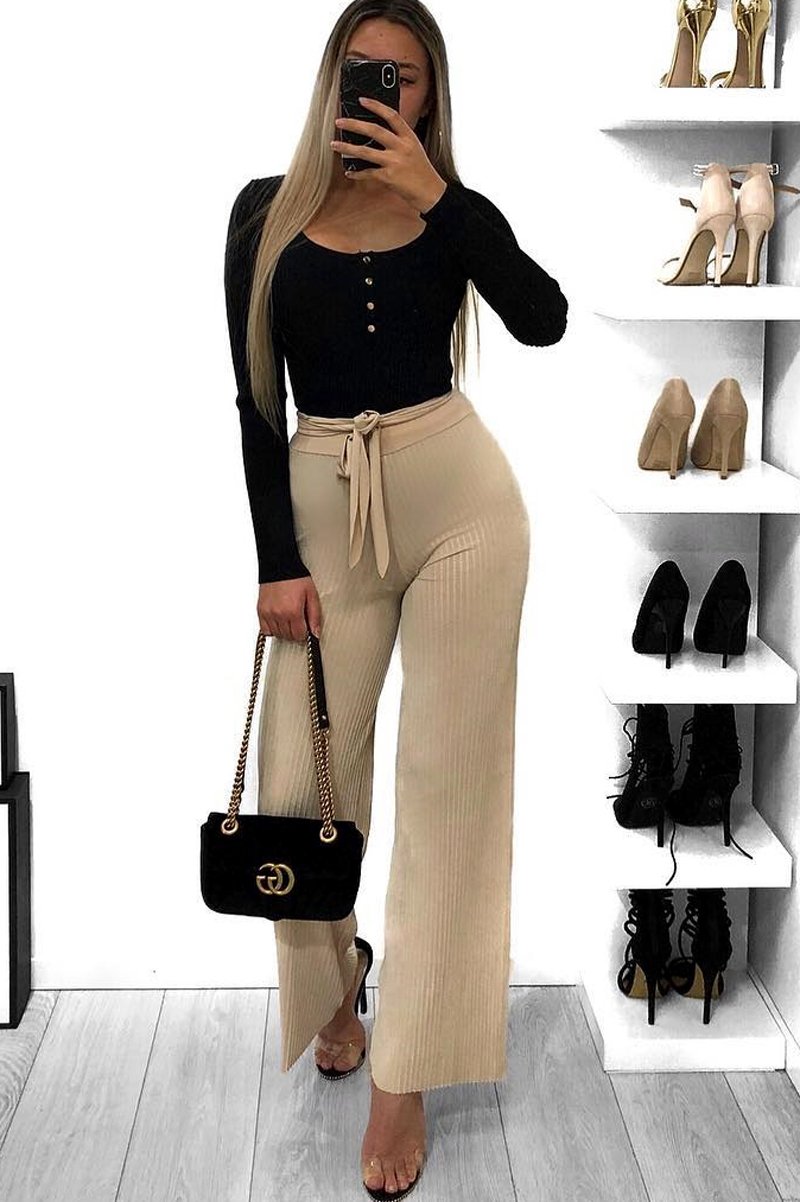 Beige Wide Legged Pleated Trousers - Chantel-Trousers