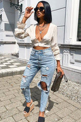 Beige Woven Plunge Button Front Crop Blouse - Katerina-Crop Tops