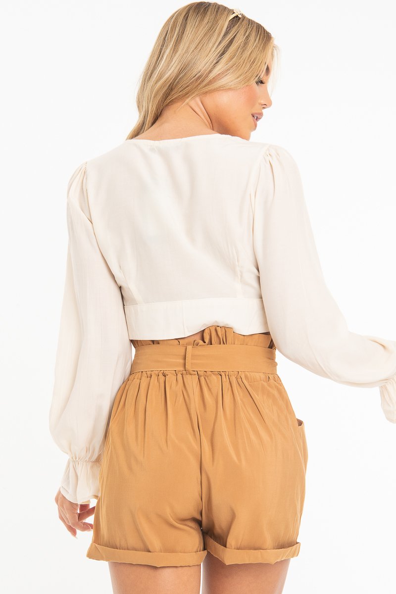 Beige Woven Plunge Button Front Crop Blouse - Katerina-Crop Tops