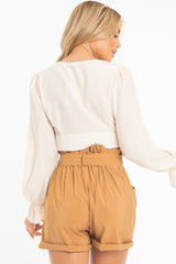 Beige Woven Plunge Button Front Crop Blouse - Katerina-Crop Tops