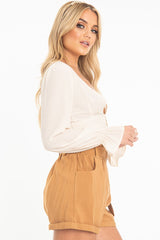 Beige Woven Plunge Button Front Crop Blouse - Katerina-Crop Tops
