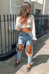 Beige Woven Plunge Button Front Crop Blouse - Katerina-Crop Tops