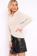 Beige Wrap Front Cable Knit Jumper - Melia-Jumper