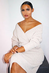 Beige Wrap Front Knit Midi Dress - Edan-Dresses