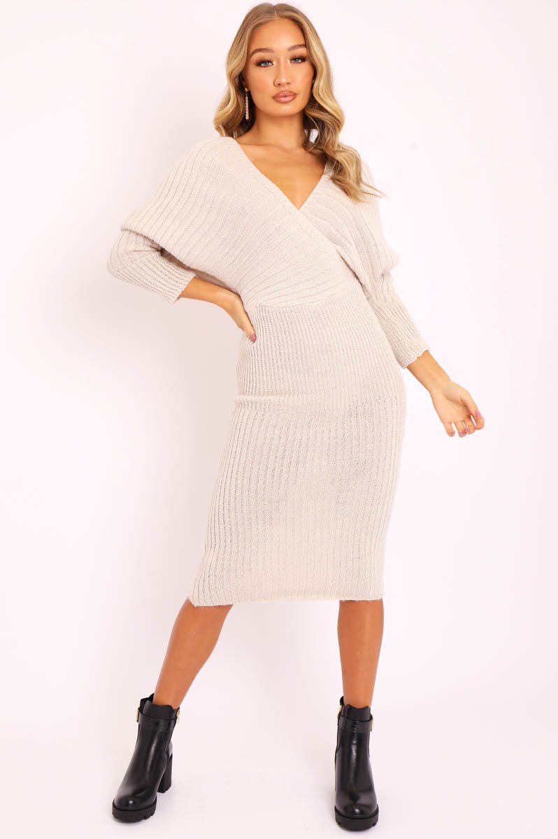 Beige Wrap Front Knit Midi Dress - Edan-Dresses
