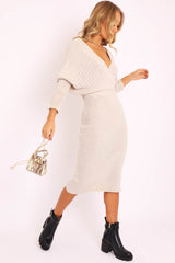 Beige Wrap Front Knit Midi Dress - Edan-Dresses