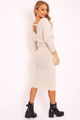 Beige Wrap Front Knit Midi Dress - Edan-Dresses