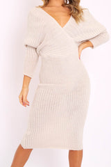 Beige Wrap Front Knit Midi Dress - Edan-Dresses
