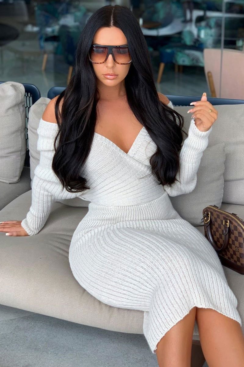 Beige Wrap Front Knit Midi Dress - Edan-Dresses