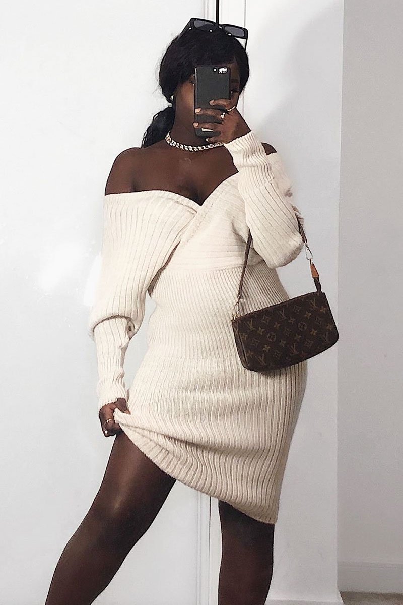 Beige Wrap Front Knit Midi Dress - Edan-Dresses