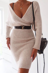 Beige Wrap Front Knit Midi Dress - Edan-Dresses
