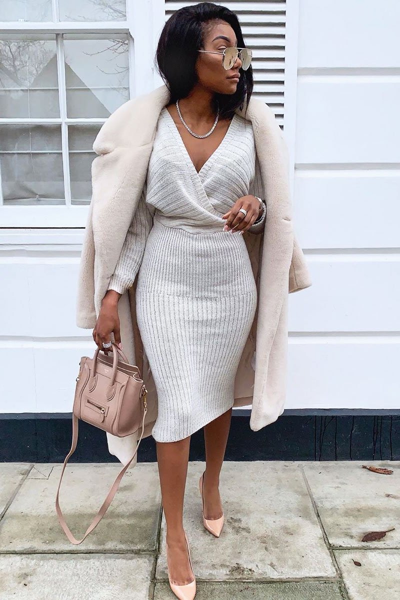 Beige Wrap Front Knit Midi Dress - Edan-Dresses