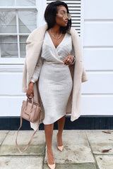 Beige Wrap Front Knit Midi Dress - Edan-Dresses