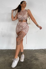 Beige Zebra Print Crop Top & Side Ruched Skirt Set - Luna