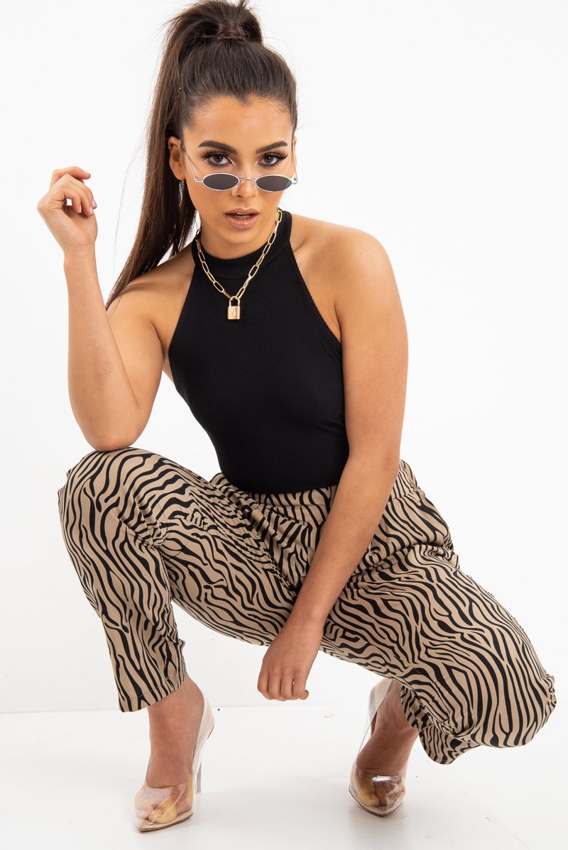 Beige Zebra Print Wide Leg Trousers - Gisella-Trousers