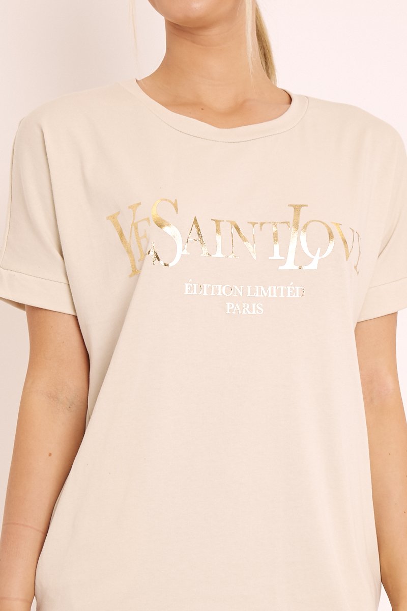 Beige and Gold Parisian Slogan T-shirt Dress - Claire-Dresses