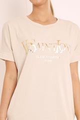 Beige and Gold Parisian Slogan T-shirt Dress - Claire-Dresses