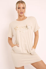 Beige and Gold Parisian Slogan T-shirt Dress - Claire-Dresses